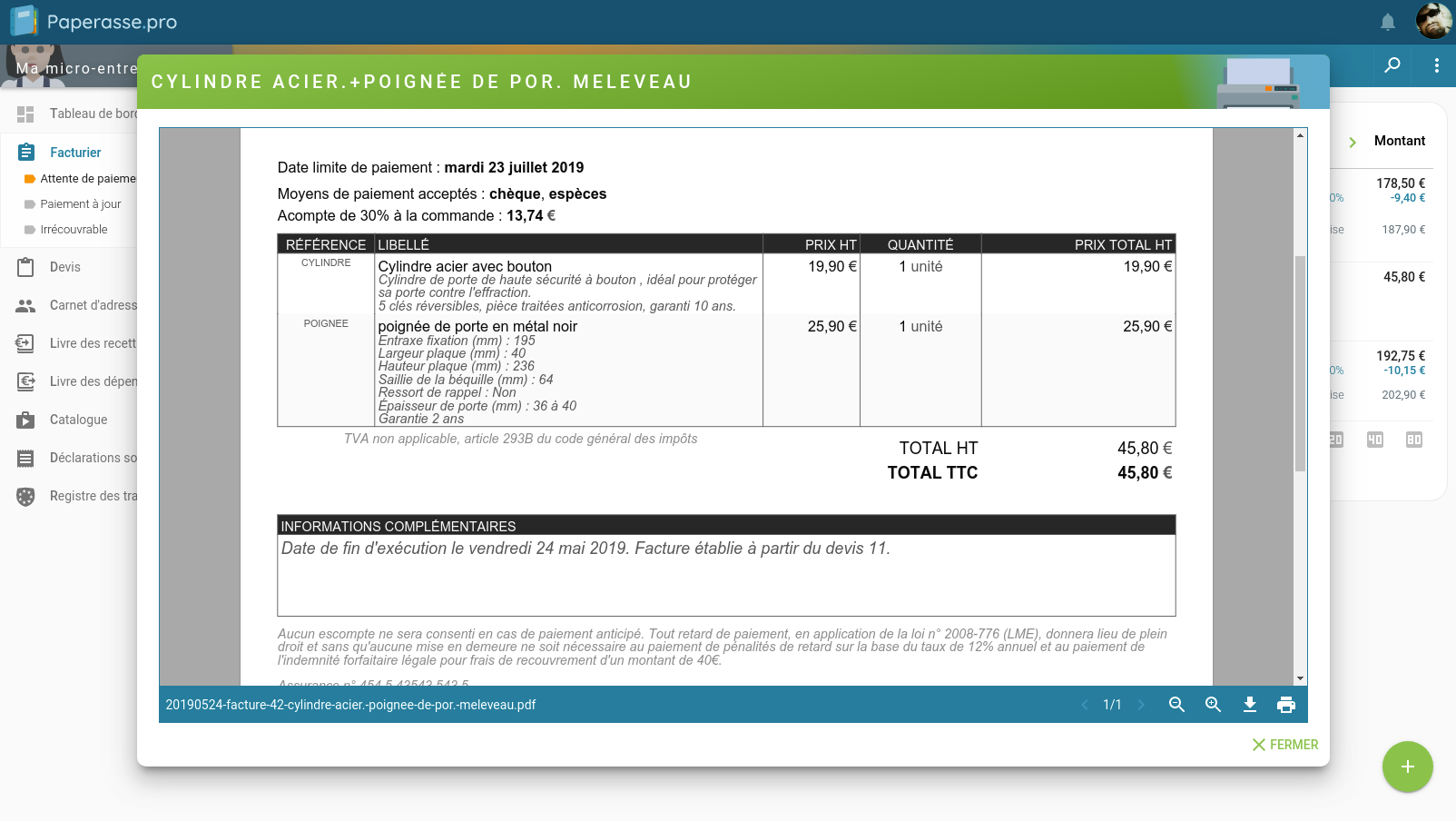 Capture d'écran Ordinateur de bureau : Ecran de visualisation d'une facture micro-entrepreneur au format PDF pour son impression ou son téléchargement