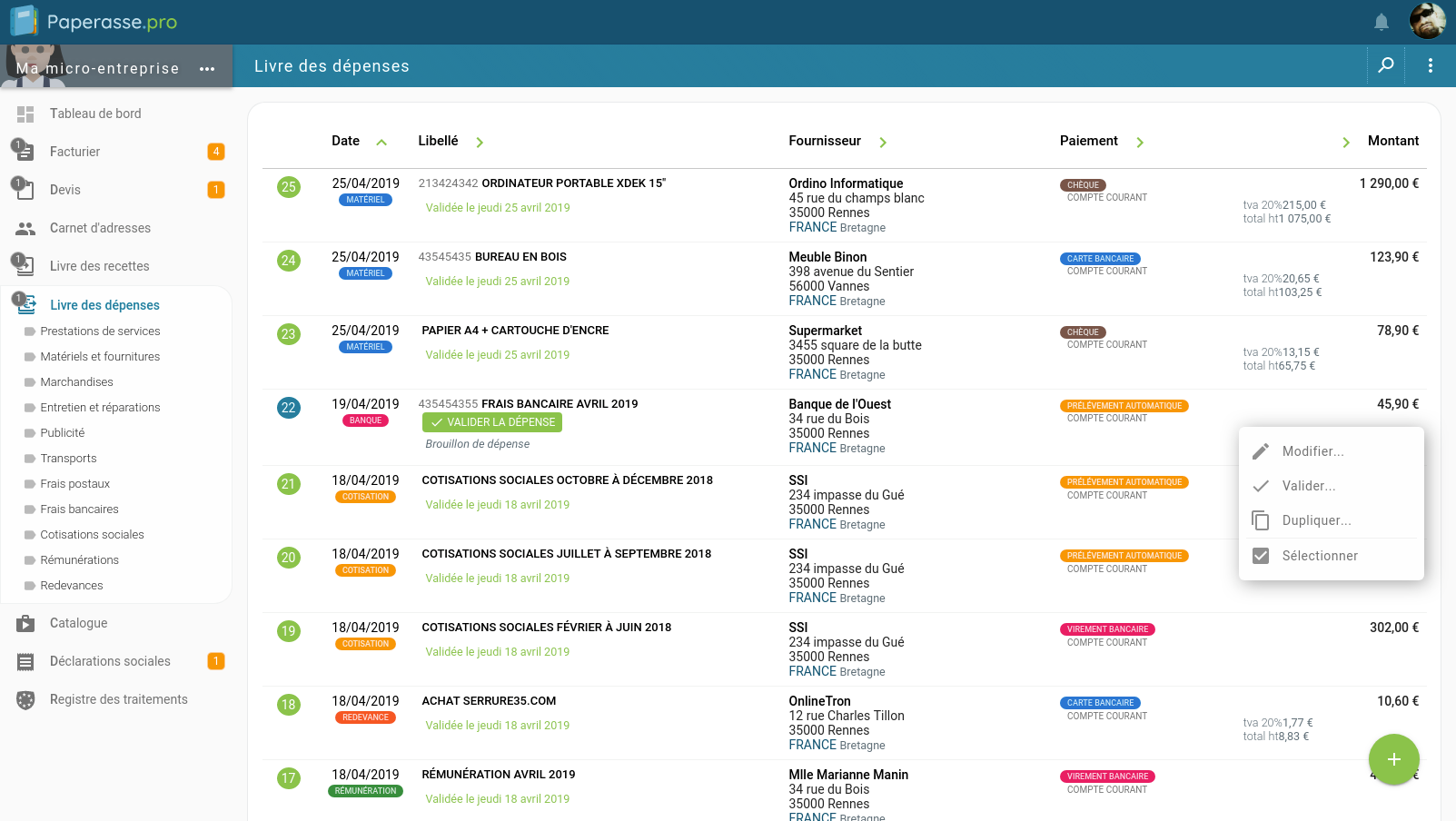 Capture d'écran Ordinateur de bureau : Livre des dépenses du micro-entrepreneur