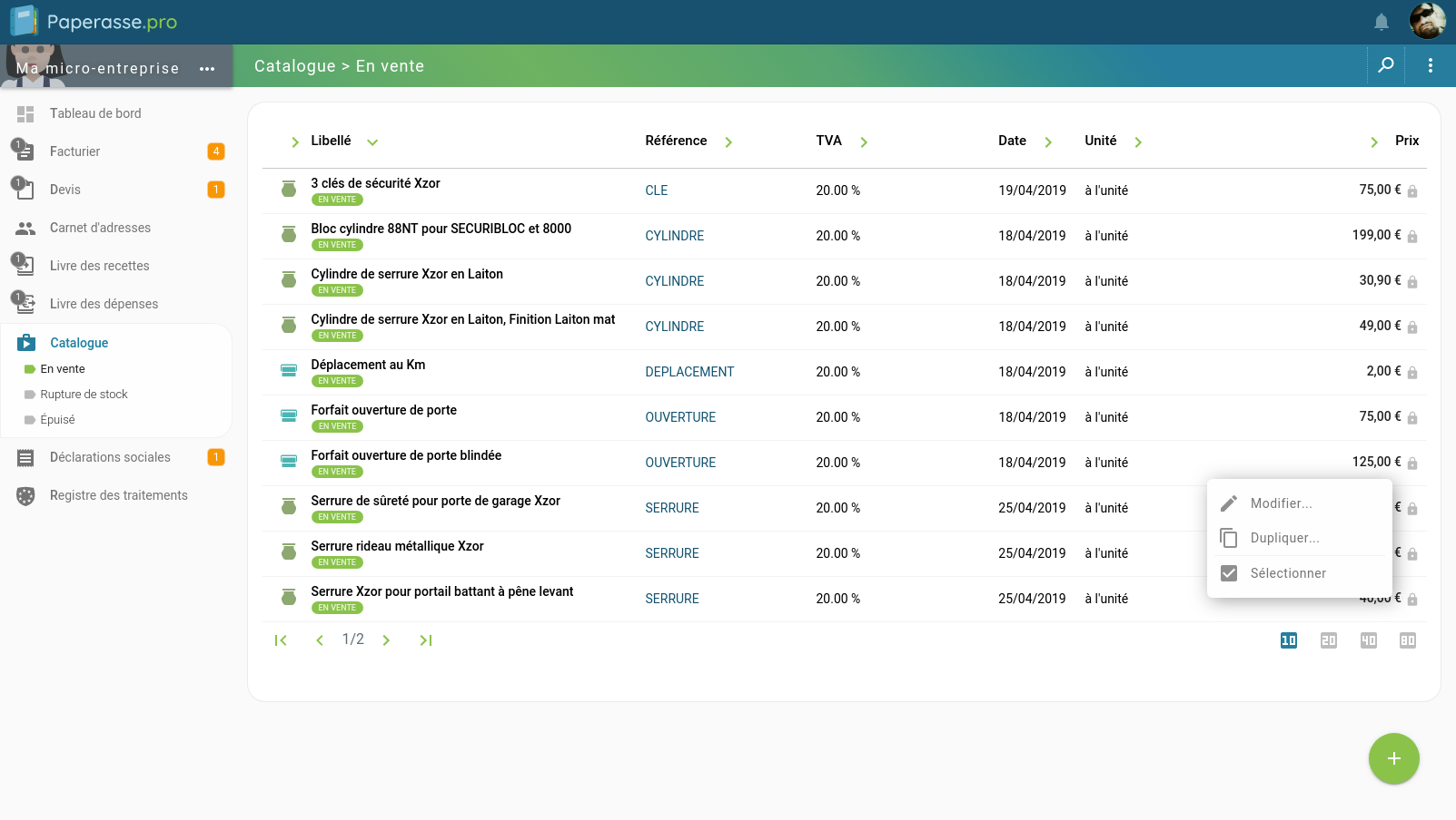 Capture d'écran Ordinateur de bureau : Catalogue des produits et services disponible à la vente par le micro-entrepreneur (anciennement auto-entrepreneur)