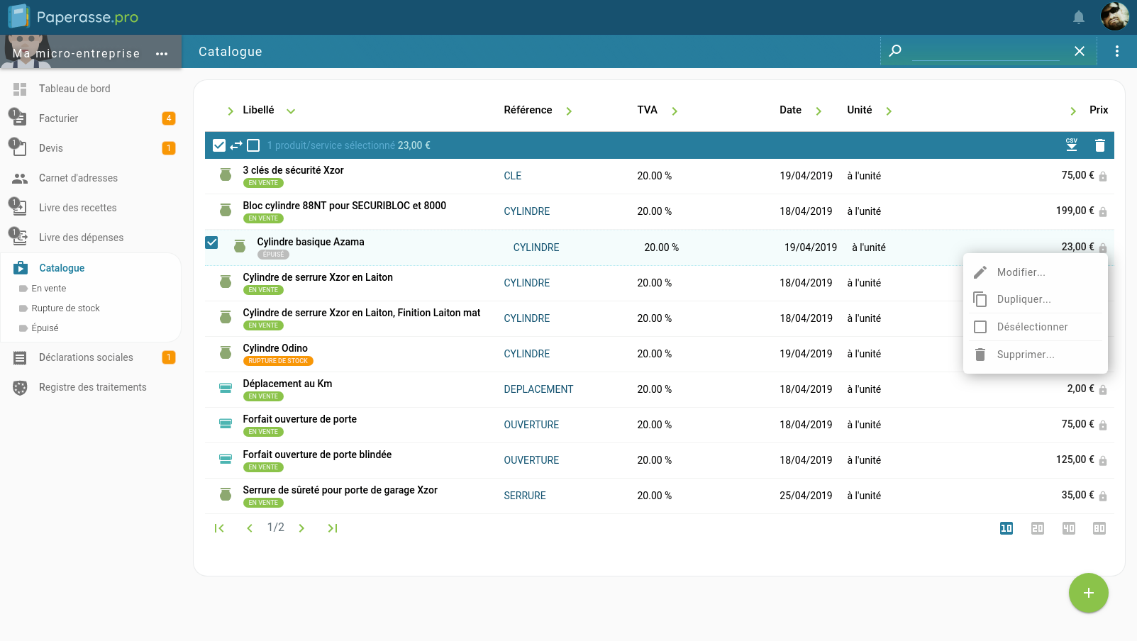 Capture d'écran Ordinateur de bureau : Catalogue des produits et services du micro-entrepreneur avec sélection pour effectuer des opérations groupées comme le téléchargement au format CSV