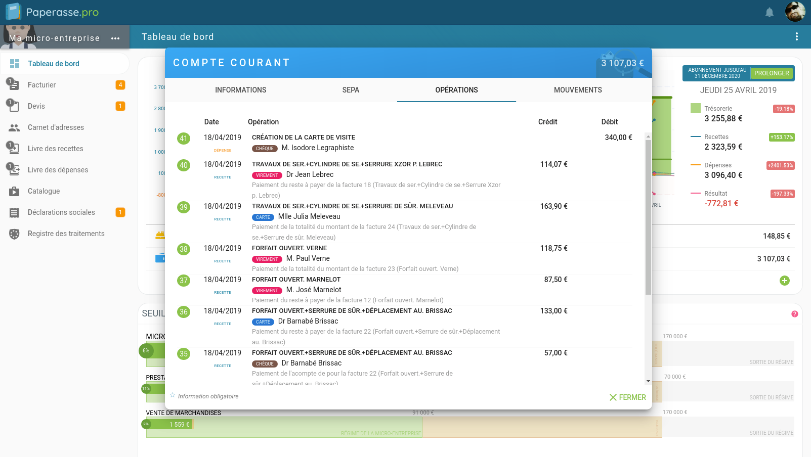 Capture d'écran Ordinateur de bureau : Liste des opérations bancaires sur le compte du micro-entrepreneur permettant de faire le rapprochement bancaire