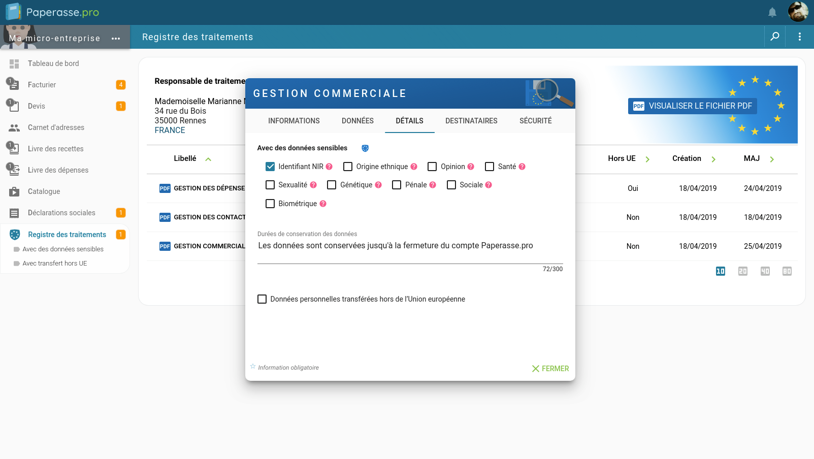Capture d'écran Ordinateur de bureau : Modification d'un traitement de données du registre de données de la micro-entreprise pour le RGPD