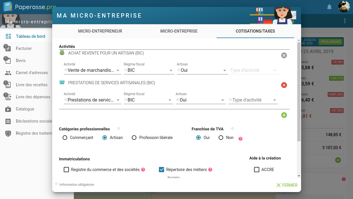Capture d'écran Ordinateur portable : Paramètrage des activités du micro-entrepreneur (auto-entrepreneur) pour le calcul, des seuils, des cotisations et des taxes