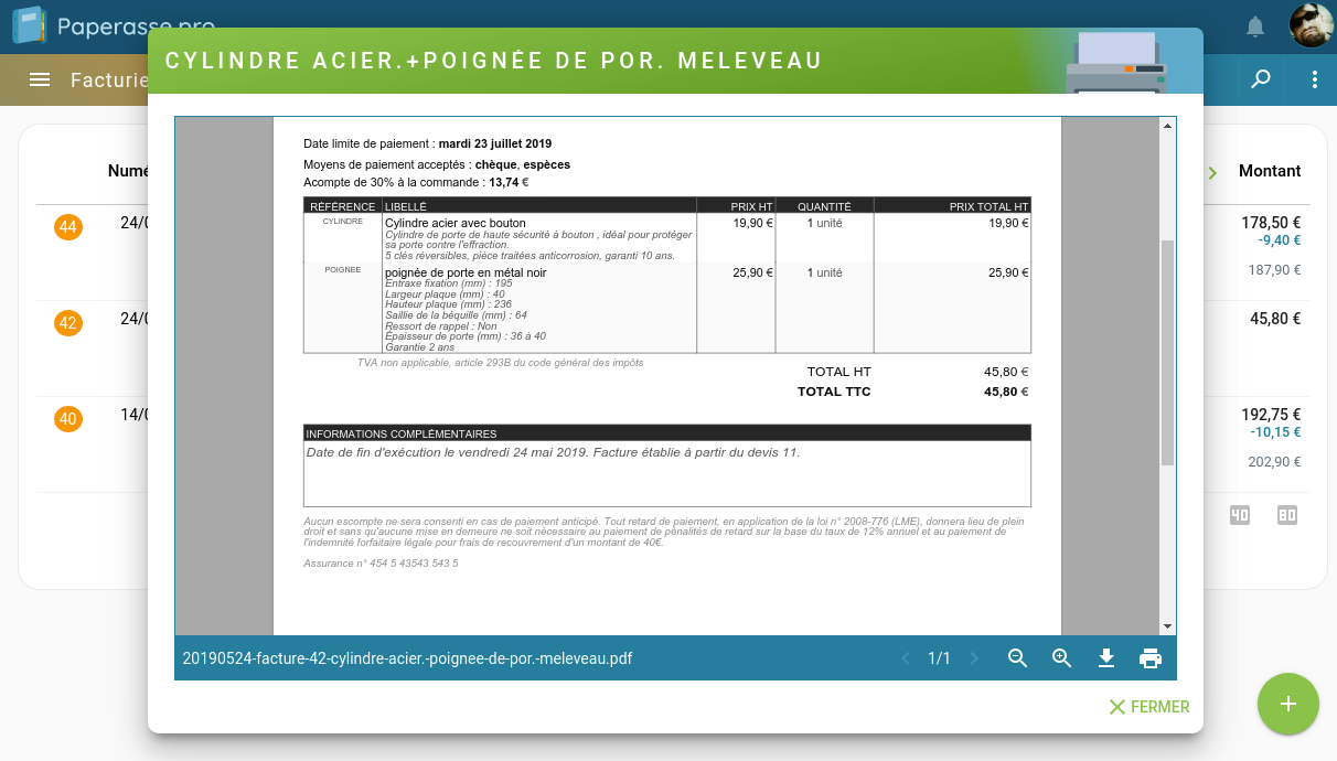 Capture d'écran Ordinateur portable : Ecran de visualisation d'une facture micro-entrepreneur au format PDF pour son impression ou son téléchargement