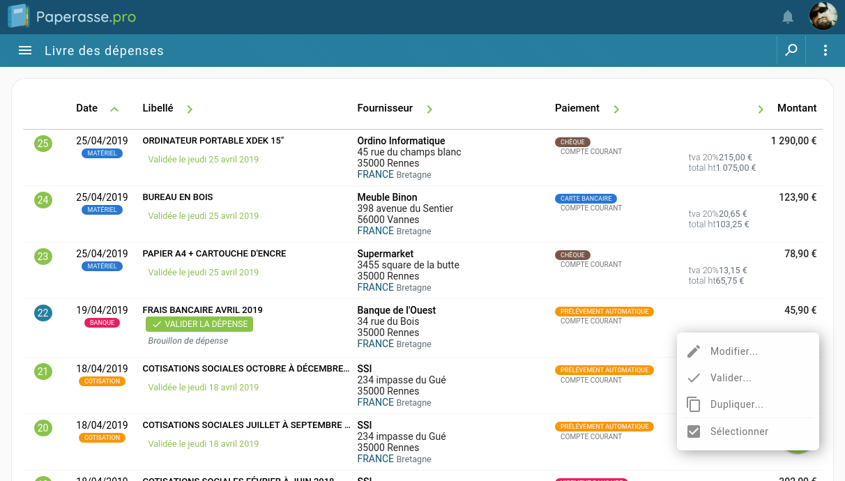 Capture d'écran Ordinateur portable : Livre des dépenses du micro-entrepreneur