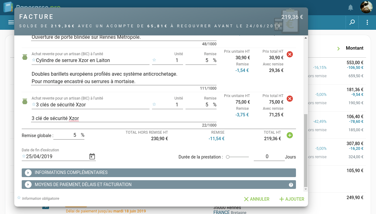 Capture d'écran Ordinateur portable : Saisie d'une nouvelle facture du micro-entrepreneur avec l'ajout de produit et service et la définition des réductions