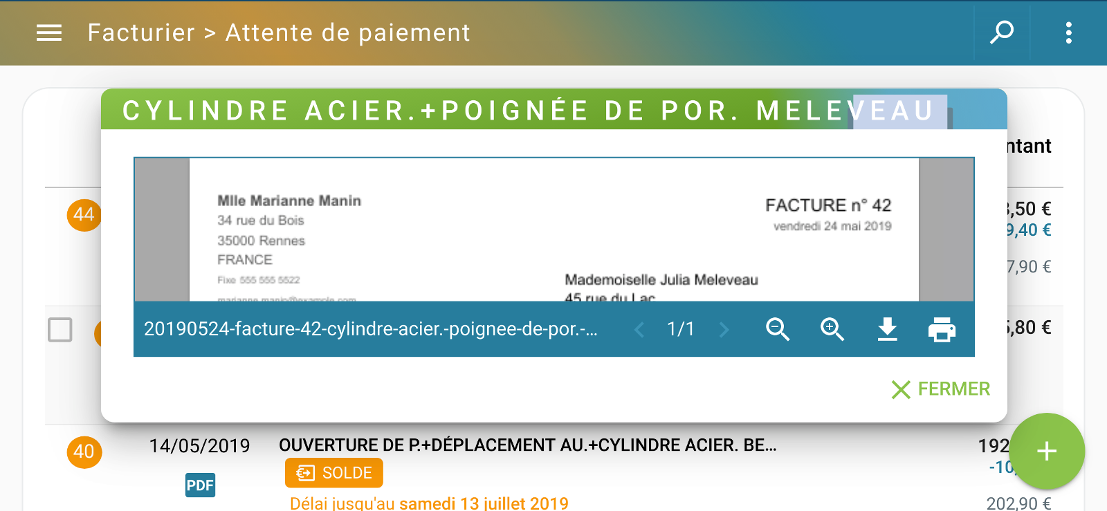 Capture d'écran Smartphone : Ecran de visualisation d'une facture micro-entrepreneur au format PDF pour son impression ou son téléchargement