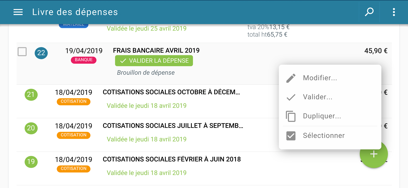 Capture d'écran Smartphone : Livre des dépenses du micro-entrepreneur