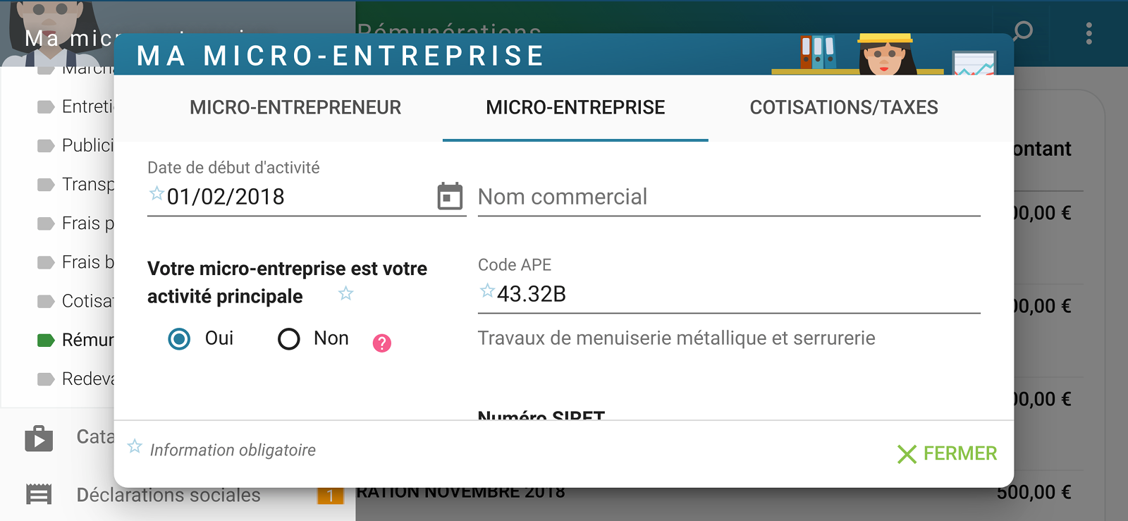 Capture d'écran Smartphone : Paramètre de la micro-entreprise