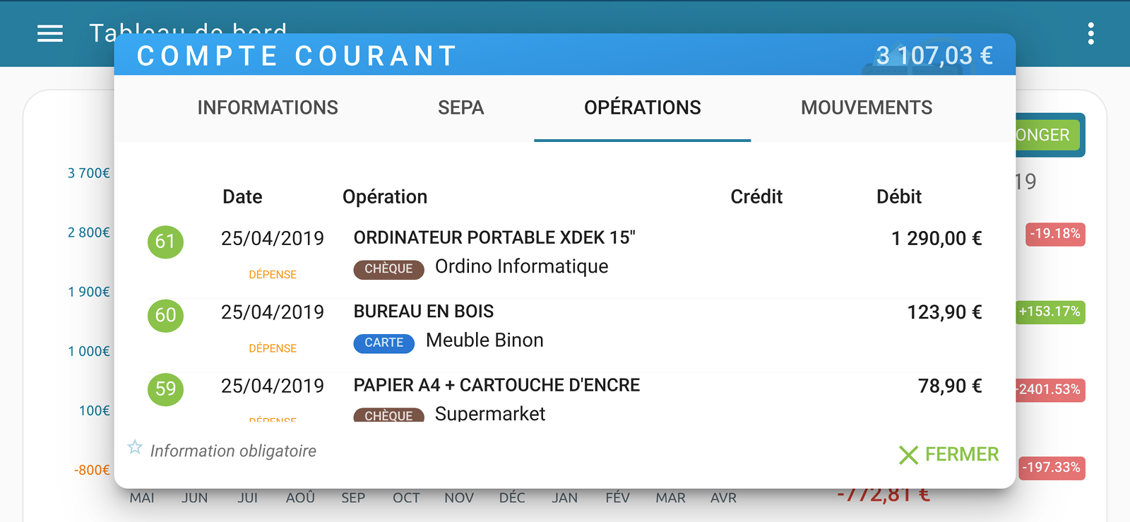 Capture d'écran Smartphone : Liste des opérations bancaires sur le compte du micro-entrepreneur permettant de faire le rapprochement bancaire