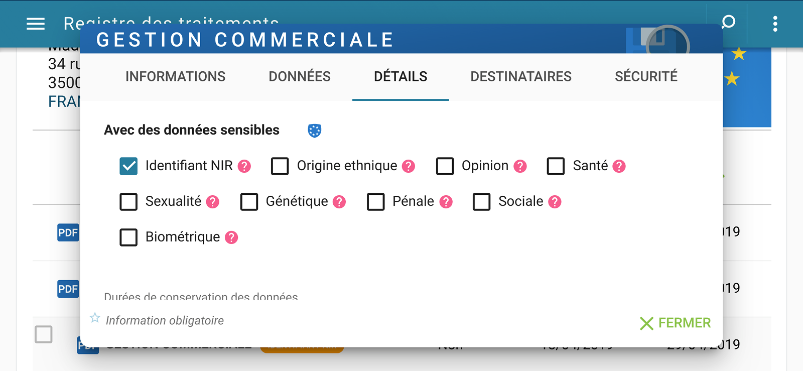 Capture d'écran Smartphone : Modification d'un traitement de données du registre de données de la micro-entreprise pour le RGPD