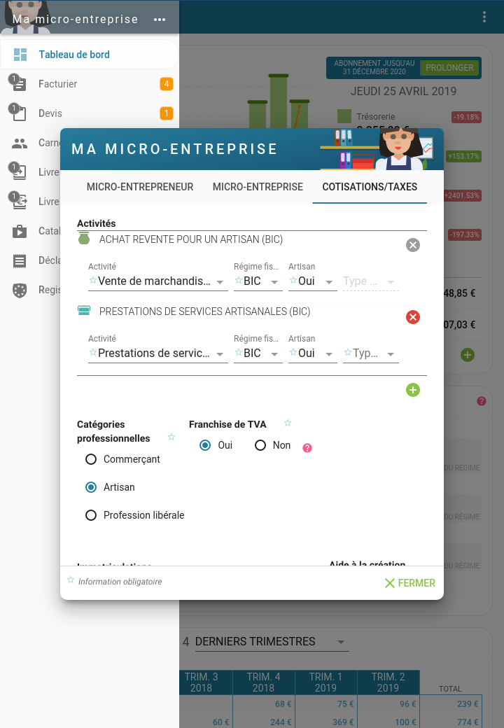 Capture d'écran Tablette : Paramètrage des activités du micro-entrepreneur (auto-entrepreneur) pour le calcul, des seuils, des cotisations et des taxes