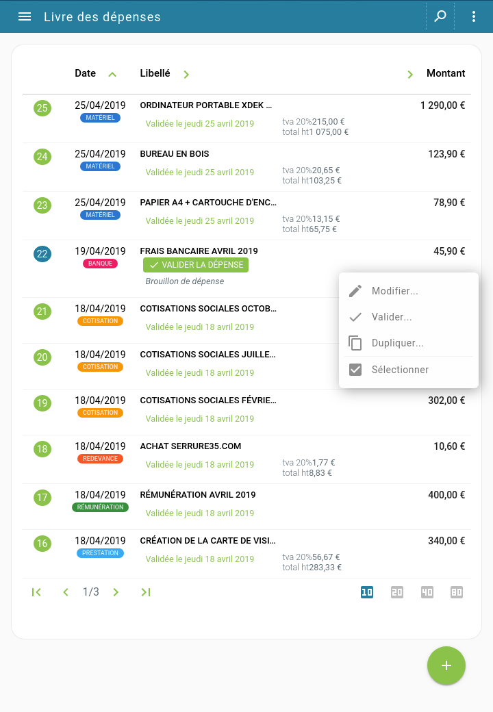 Capture d'écran Tablette : Livre des dépenses du micro-entrepreneur
