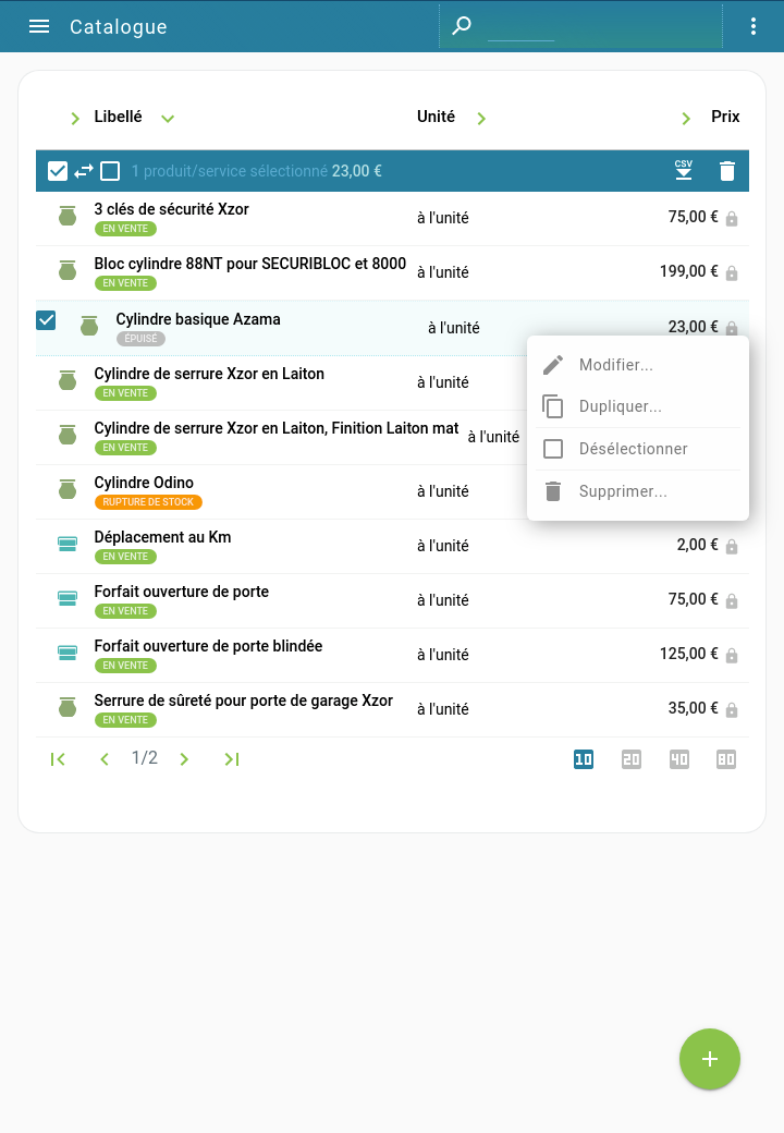 Capture d'écran Tablette : Catalogue des produits et services du micro-entrepreneur avec sélection pour effectuer des opérations groupées comme le téléchargement au format CSV