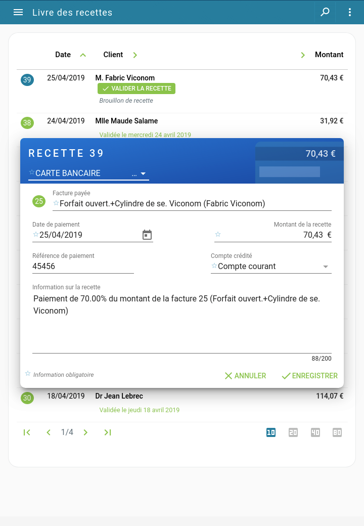 Capture d'écran Tablette : Encaissement par carte bancaire d'une facture dans le livre des recettes du micro-entrepreneur