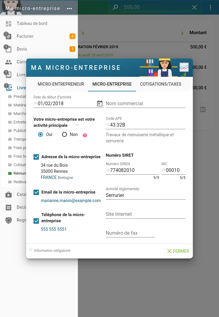 Capture d'écran Tablette : Paramètre de la micro-entreprise